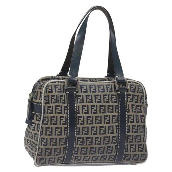 FENDI Zucchino Canvas Hand Bag Navy Silver Auth
